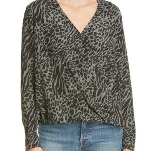 RAILS Hillary Animal Mix Print Wrap Front Long Sleeve Silk Blouse